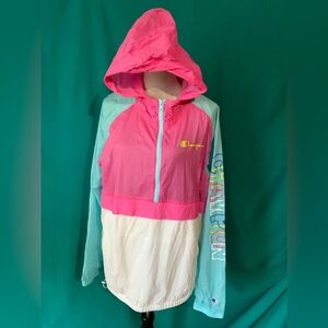 Champion Women’s XL Colorful Windbreaker Rain Jacket, Pink, Aqua, White, EUC